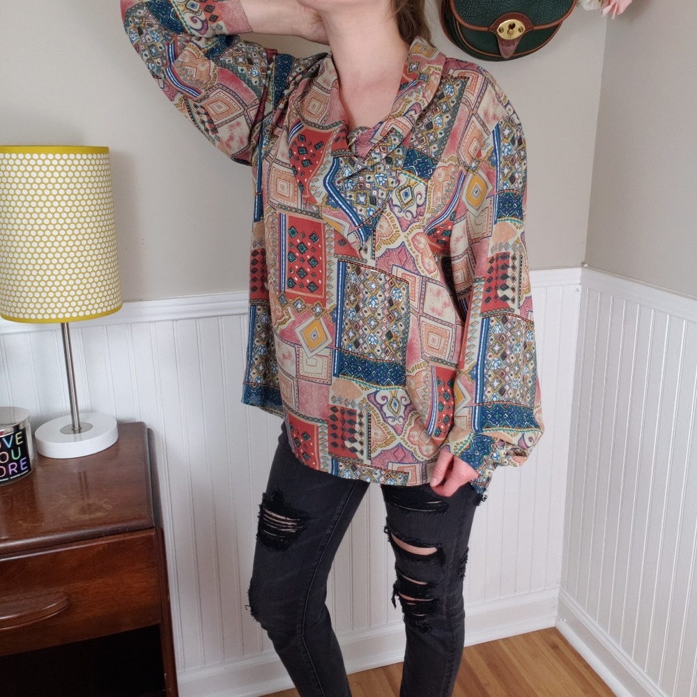 Vintage Colorful Patterned Sheer Cuff Sleeve Top